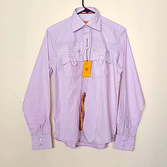 Enzo Denim Men’s Size S French Cuff White Pink Striped Dress Shirt - Picture 1 of 6